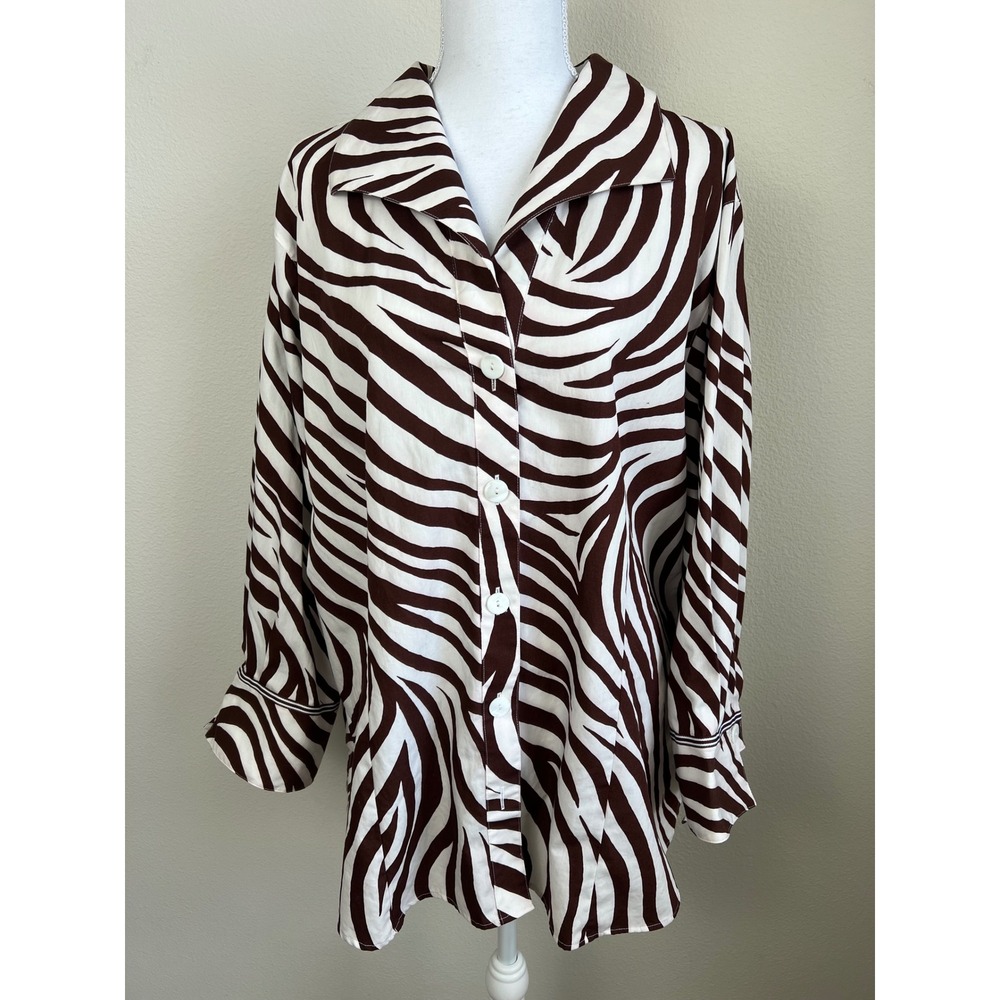 Foxcroft Wrinkle Free Zebra Print Shirt 20W Brown White Safari Coastal Career